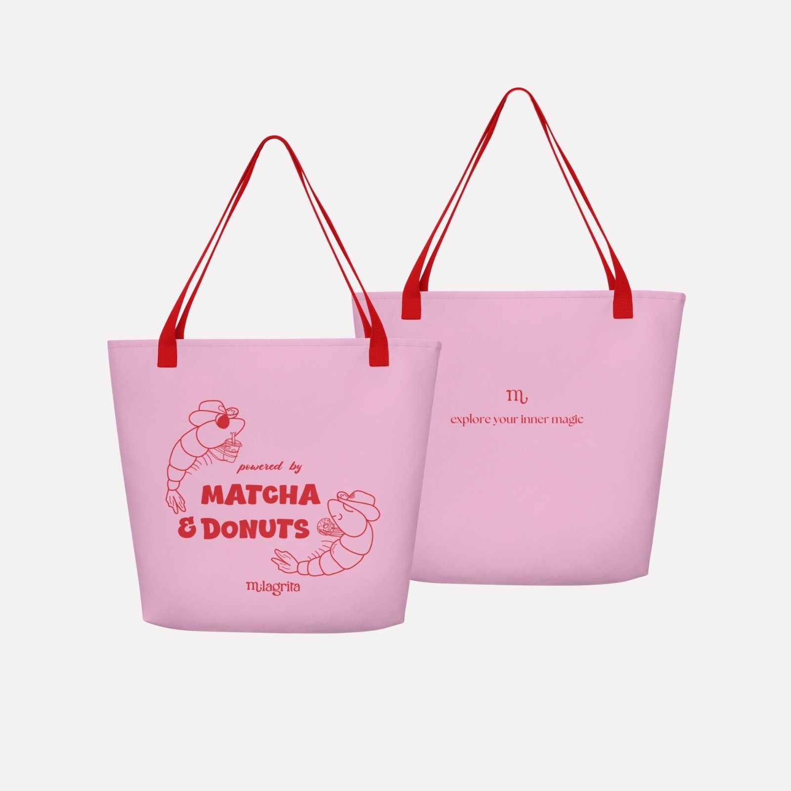 Powered by Matcha & Donuts – Large Pink Tote bag - Image 2